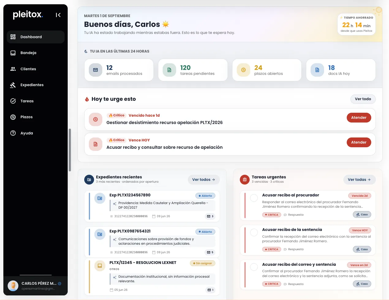 Interfaz de pleitox: escrito legal generado con IA y tareas detectadas en un expediente