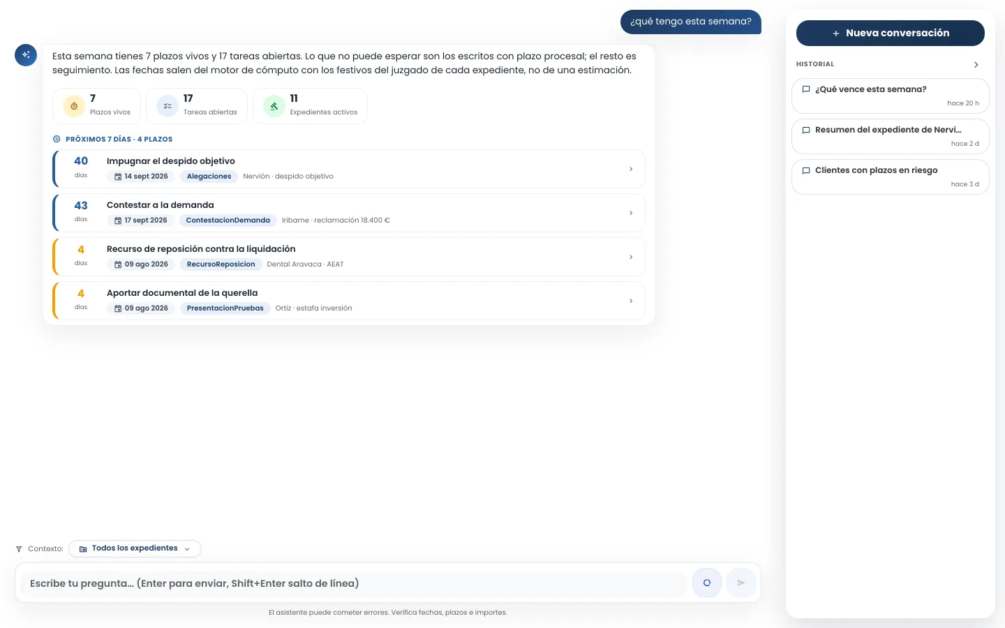 Asistente IA de pleitox respondiendo «¿qué tengo esta semana?» con los plazos vivos, las tareas abiertas y los expedientes activos de la cartera