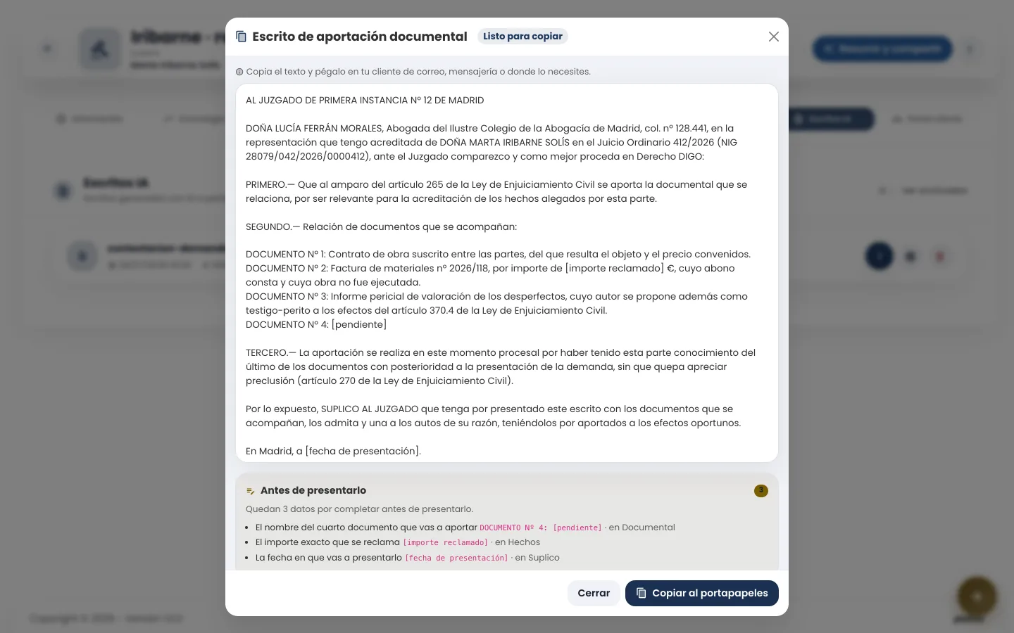Un escrito generado con el aviso de lo que falta antes de presentarlo
