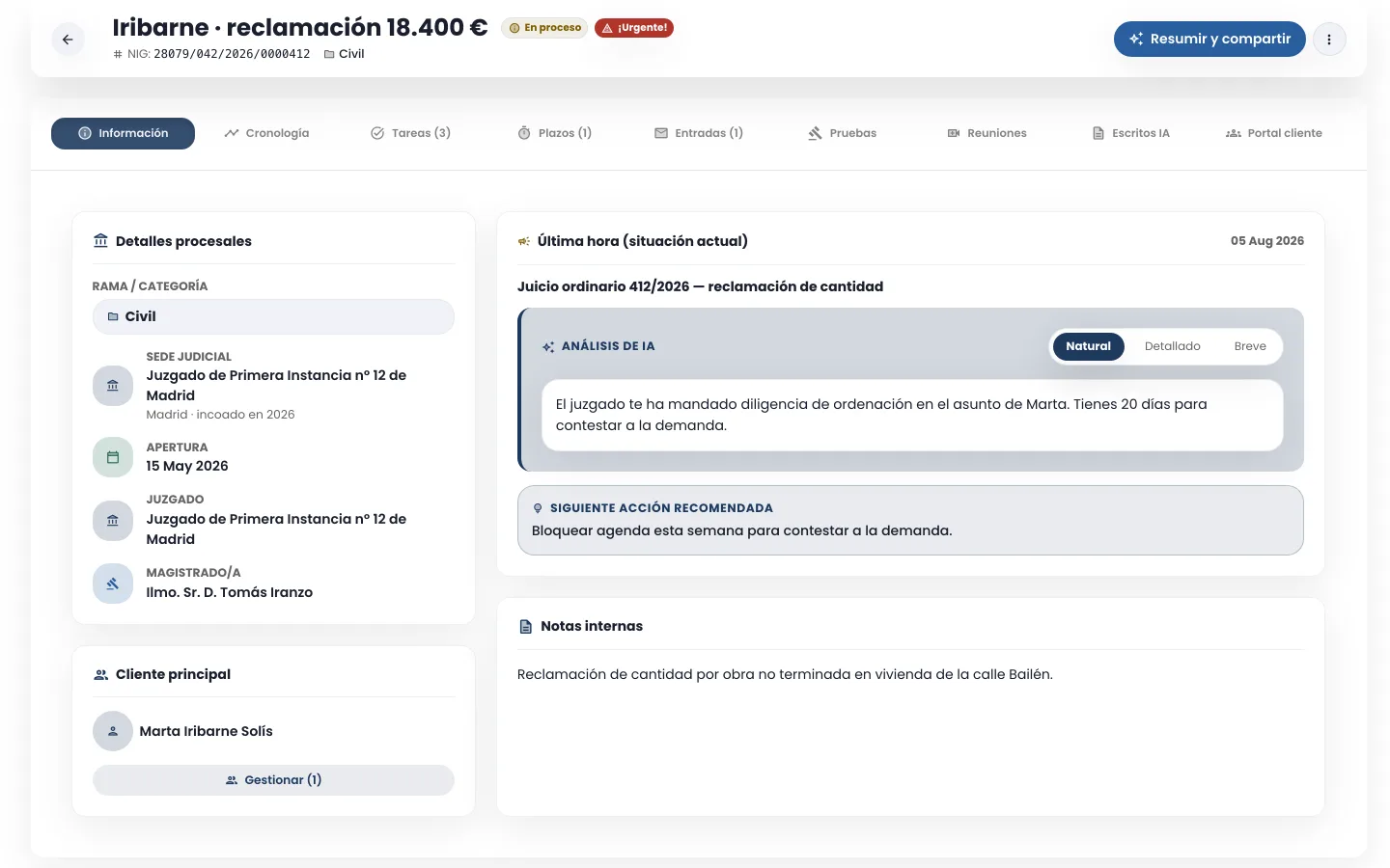 Expediente de pleitox con sus pestañas de información, cronología, tareas, plazos, entradas, pruebas, reuniones, escritos y portal del cliente