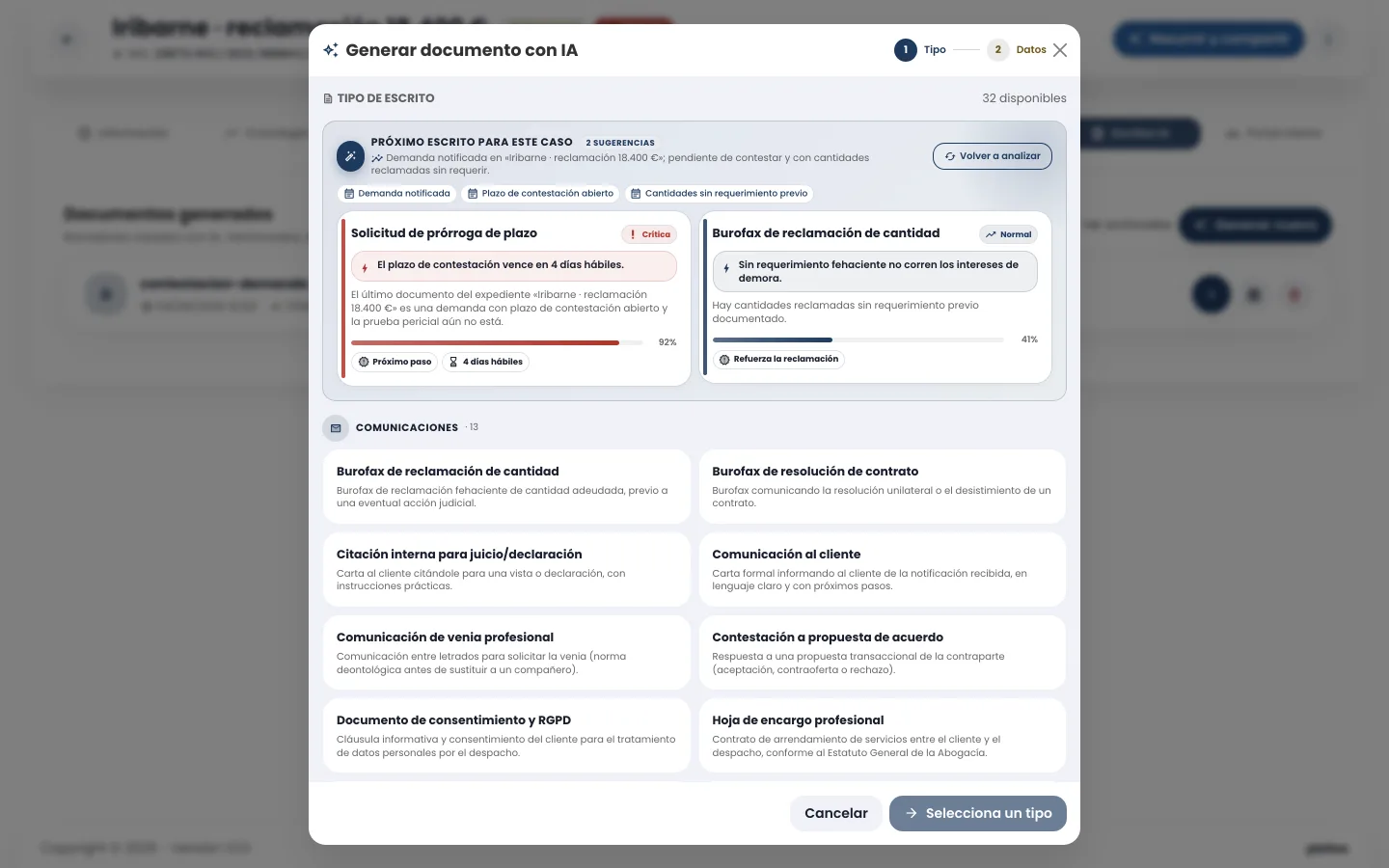 Modal de generación de escritos con IA de pleitox: 32 plantillas procesales disponibles y las sugerencias priorizadas para el caso