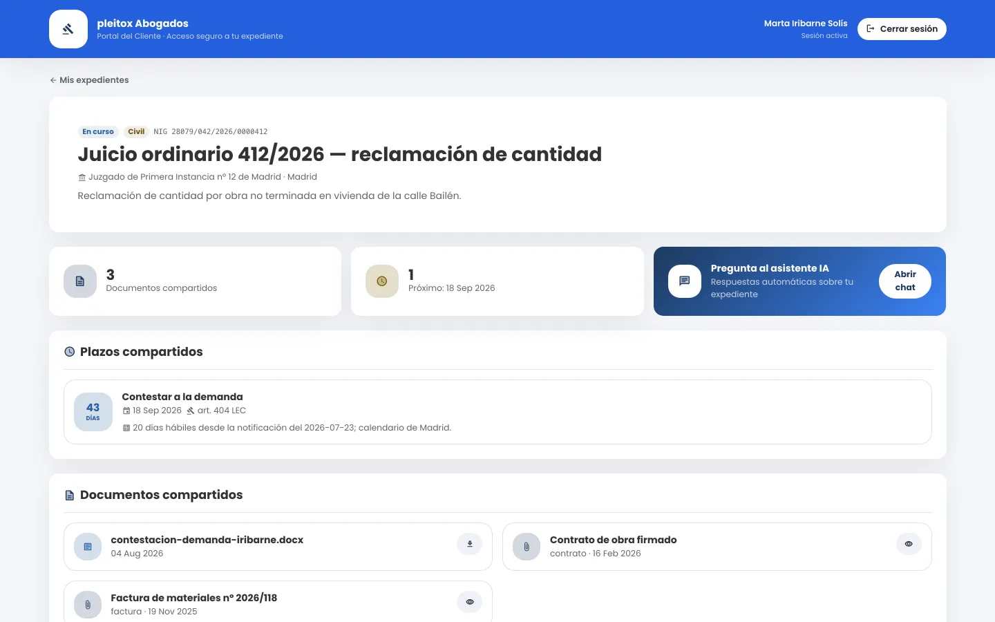 Portal del cliente de pleitox visto por el cliente: su expediente con los plazos y documentos compartidos y el chat del asistente