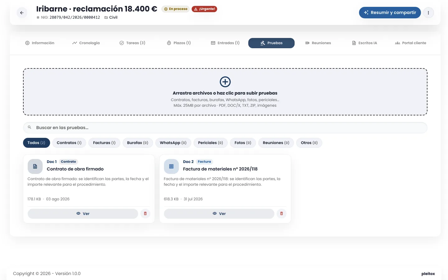 Pestaña de pruebas de un expediente de pleitox con documentos numerados y clasificados por la IA