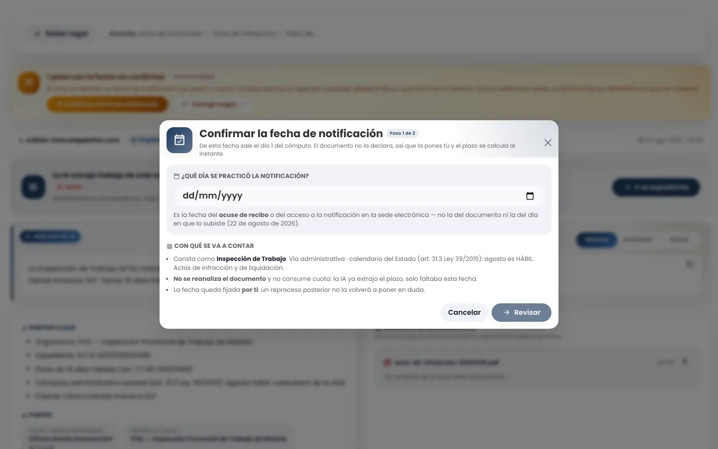 Un plazo con su cómputo día a día y la fecha de notificación pendiente de confirmar