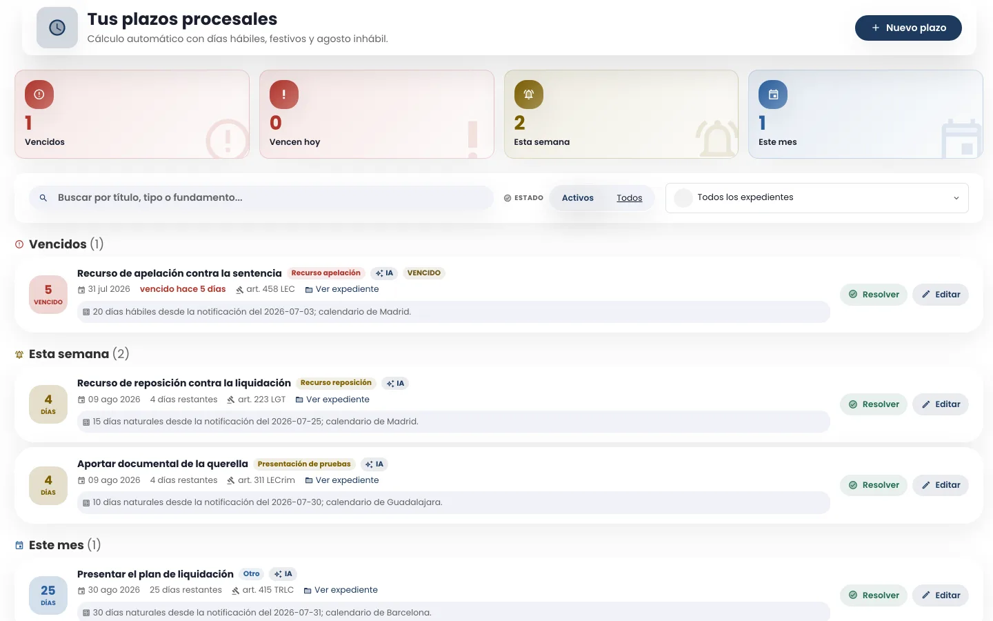 Pantalla de plazos de pleitox con los vencimientos agrupados por urgencia, cada uno con su cómputo y el calendario aplicado