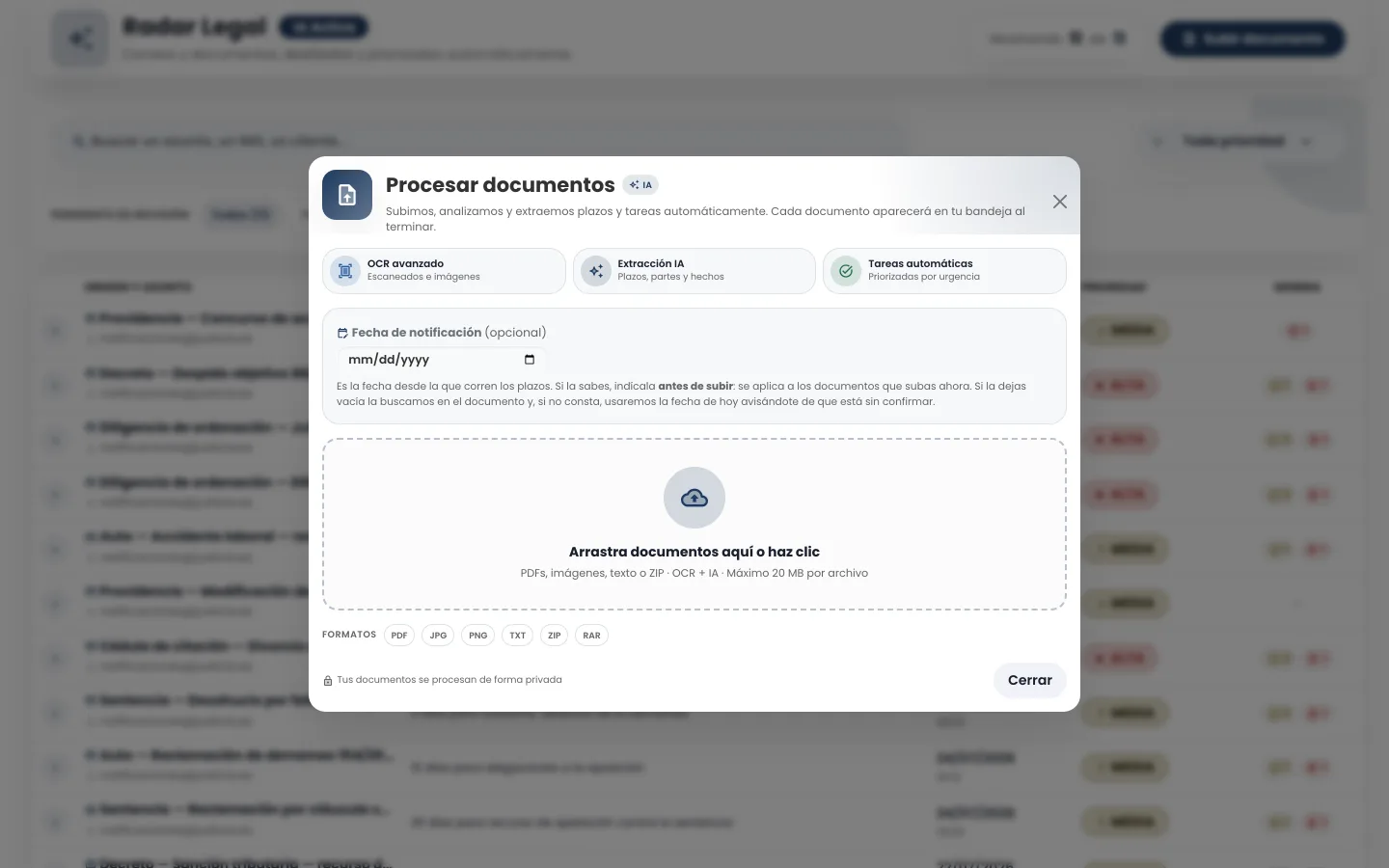 Modal de subida de documentos de pleitox con el campo de fecha de notificación para el cómputo de plazos